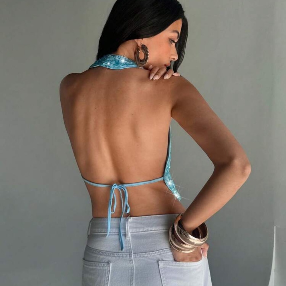 Aloruh Women's Translucent Sequin Plunging Neckline Backless Halter Camisole - Picture 3 of 4
